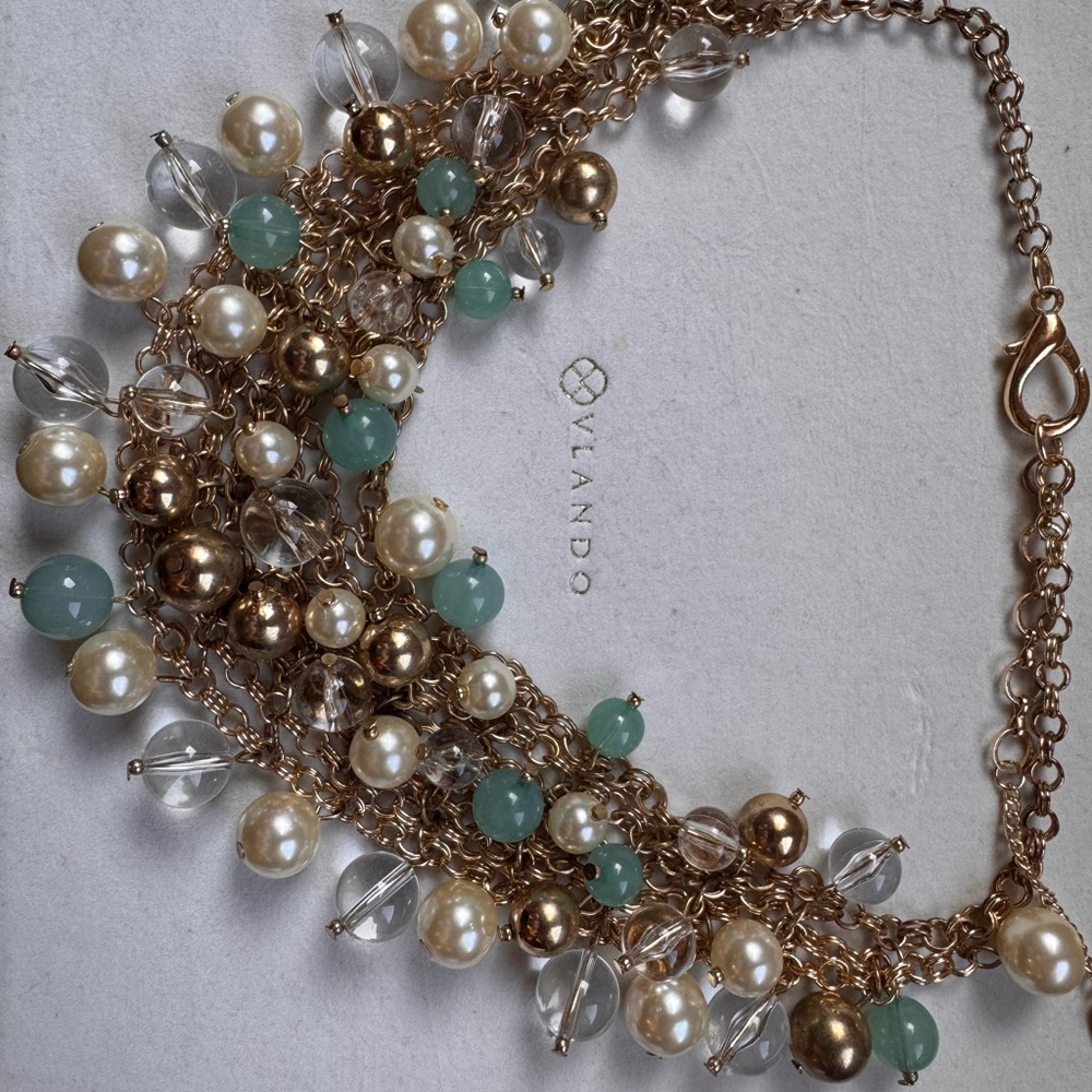 Gold and Cream Cluster Necklace with Pearls and Crystals